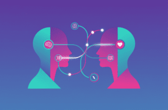 Ilustración matching por personalidad Nexux mostrando conexión entre dos personas mediante iconos cerebro corazón valores compatibilidad