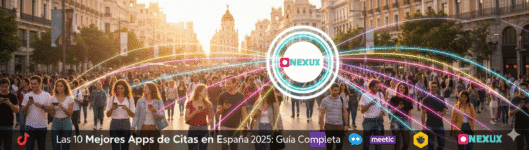 Imagen destacada de la Gran Vía de Madrid con personas conectadas por la red de Nexux, destacando su rol como la app líder en unir a la gente. Debajo, se visualizan los logos de las principales apps de citas como Tinder, Badoo, Meetic y Bumble, en una comparativa honesta para 2026